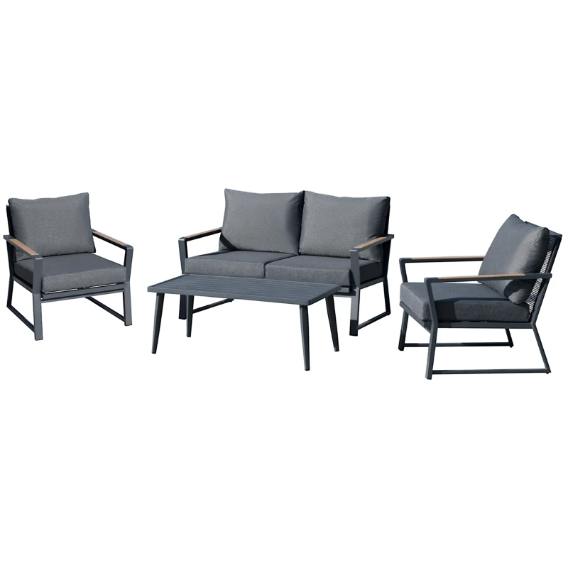 Outsunny 4 Piece Patio Furniture Set, Aluminum Conversation Set, Outdoor Garden Sofa Set with Armchairs, Loveseat, Center Coffee Table and Cushions, Dark Grey