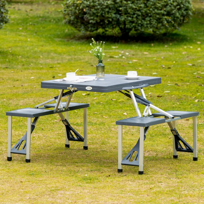 Outsunny 53" Portable Camping Table with 4 seat Portable Folding, Aluminum Picnic Table with Chairs and Umbrella Hole, Grey