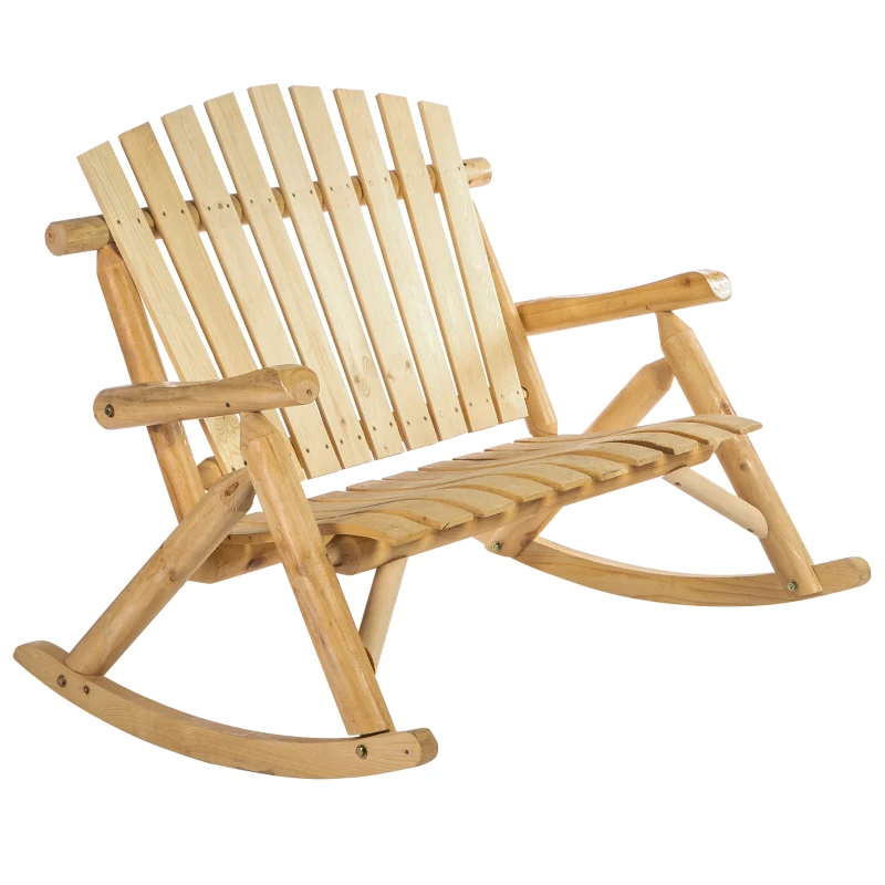 Outsunny Outdoor Wooden Rocking Chair, Double-Person Adirondack Rocking Patio Chair with Rustic High Back, Slatted Seat and Backrest for Indoor, Backyard, Garden, Natural
