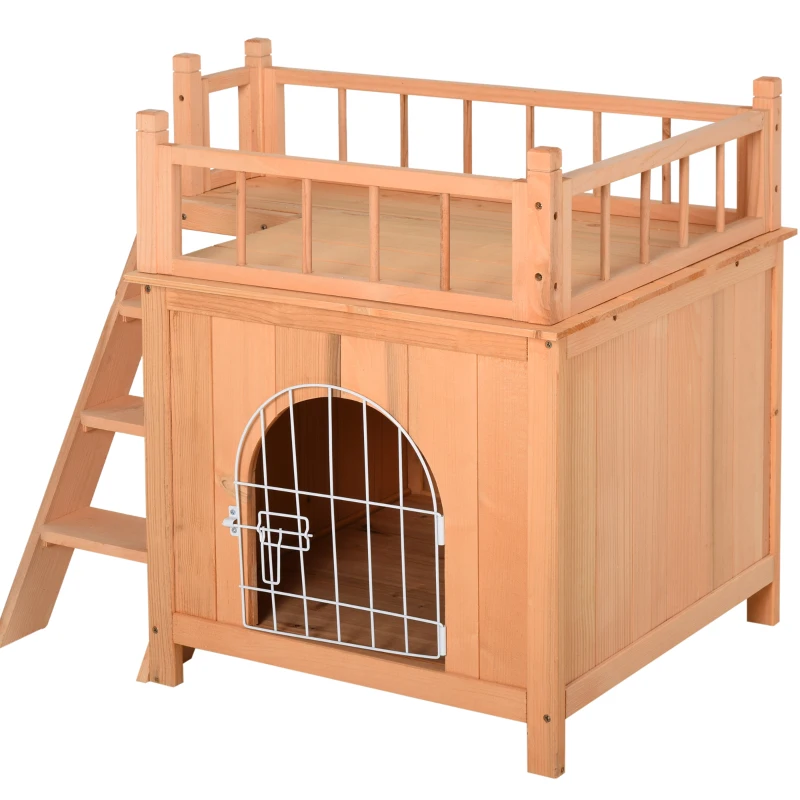 PawHut 2-Level Wooden Cat House, Outdoor Dog Shelter Cat Condo with Lockable Wire Door and Balcony, Natural Wood
