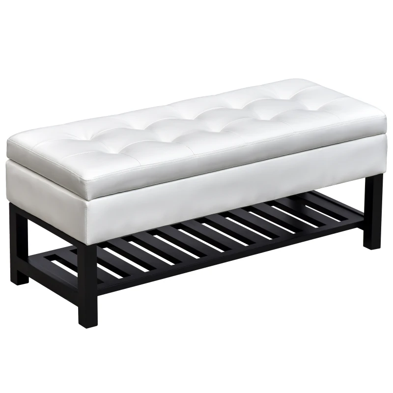HomCom 44" Tufted Faux Leather Ottoman Storage Bench With Shoe Rack - White