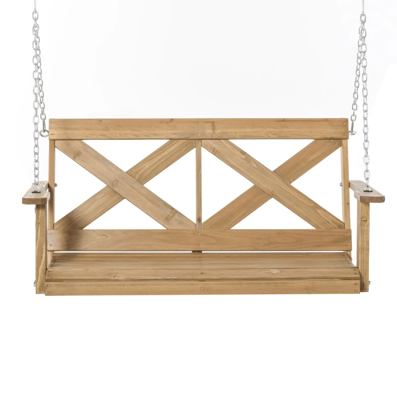Outsunny 2 Person Porch Swing, Patio Swing, Outdoor Swing Bench with Pine Wood Frame and Hanging Chains for Garden and Yard, 550 lbs Weight Capacity, X Shaped Design, Natural