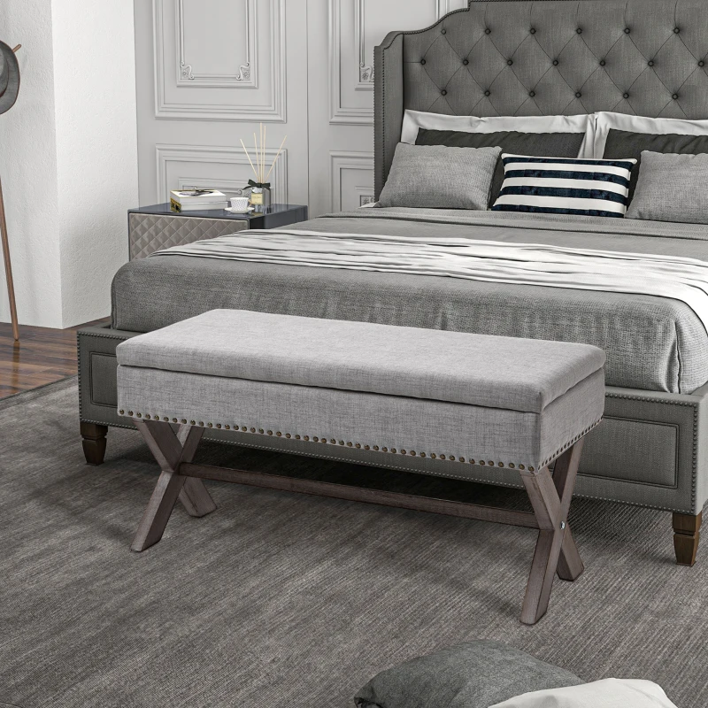 HOMCOM 35.75" Storage Ottoman, Upholstered Storage Bench with Hidden Space, Nailhead Trim and X-Shaped Wood Legs, for Living Room, Entryway, Bedroom, Grey