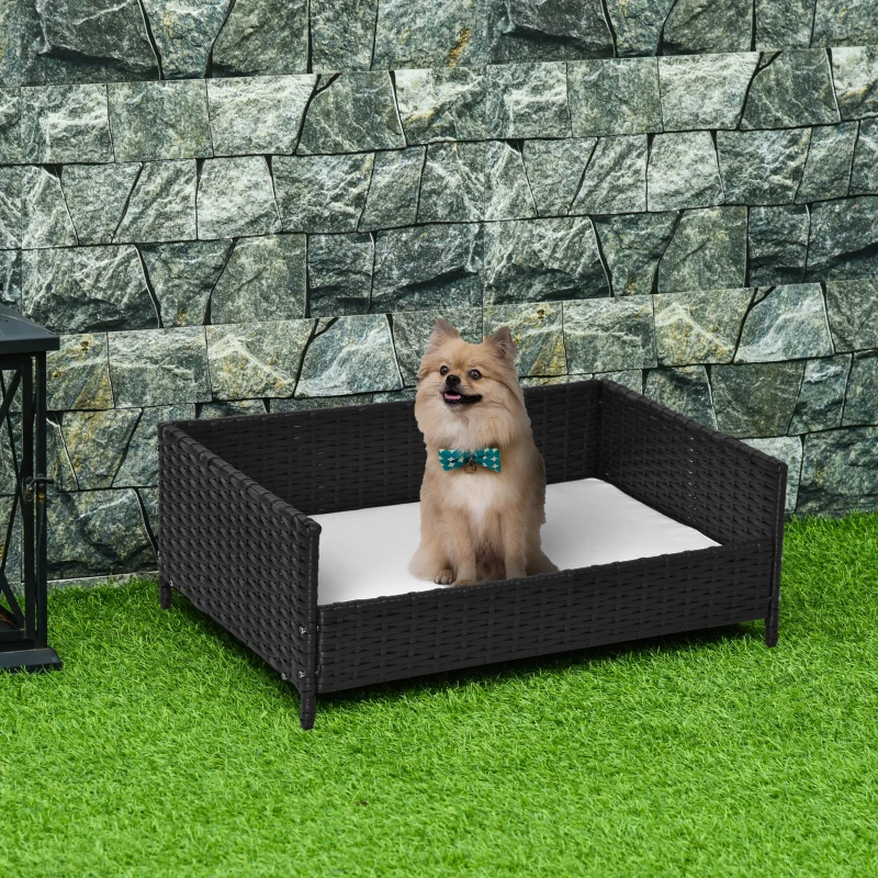 PawHut Rattan Pet Bed Raised Wicker Dog House Small animal Sofa Indoor & Outdoor with Soft Washable Cushion Black