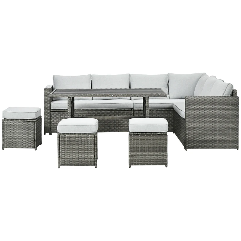 Outsunny Wicker Outdoor Patio Furniture Set, L-Shaped 7 Piece Outdoor Dining Sectional Sofa with Dining Table and Chair, Storage Loveseat, Ottomans and Cushions, Mixed Gray
