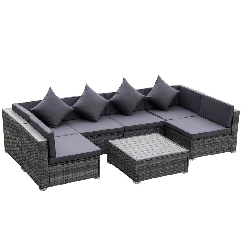 Outsunny 7-Piece Patio Furniture Sets PE Rattan Sectional Sofa Set Outdoor Conversation Set w/Acacia Top Coffee Table & Cushion for Garden, Backyard, Grey