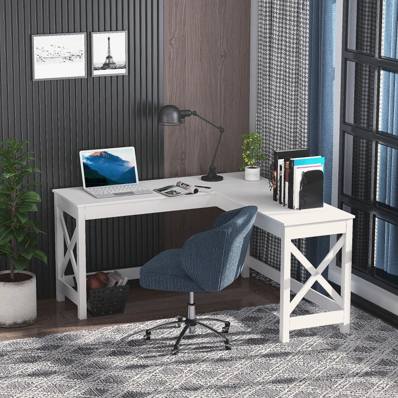 HOMCOM 57" L-Shaped Corner Desk, Computer Home Office Desk and Writing Table, White Wood Grain