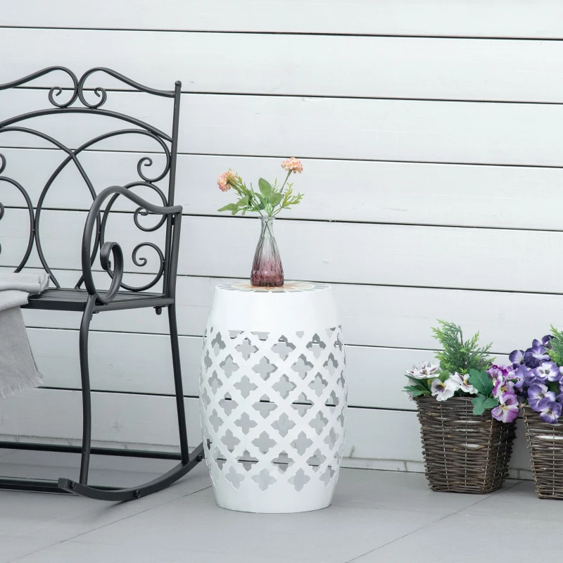 Outsunny 12" Patio Round Side Table, Outdoor Footstool, Garden Mosaic Accent Side Table, Plant Stand, White