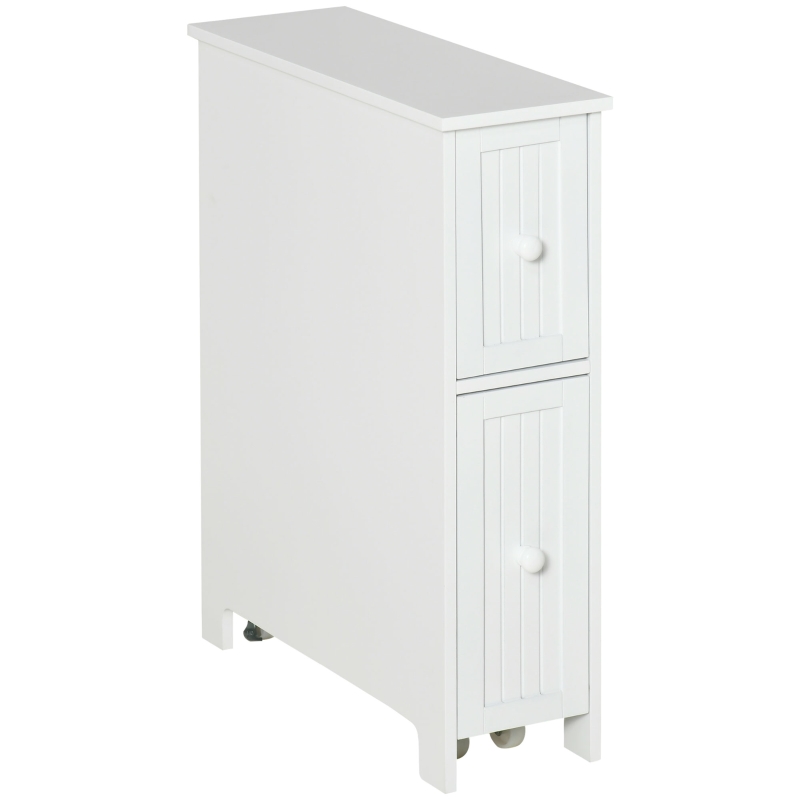 kleankin Slim Bathroom Cabinet, Freestanding Storage Cabinet, Toilet Paper Holder with Two Drawers, Side Towel Rack, and Wheels, 7 x 20.5 x 24.75 Inches, White