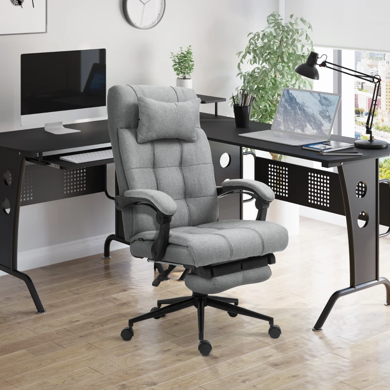 Vinsetto Executive Linen-Feel Fabric Office Chair High Back Swivel Task Chair with Adjustable Height Upholstered Retractable Footrest, Headrest and Padded Armrest, Light Grey