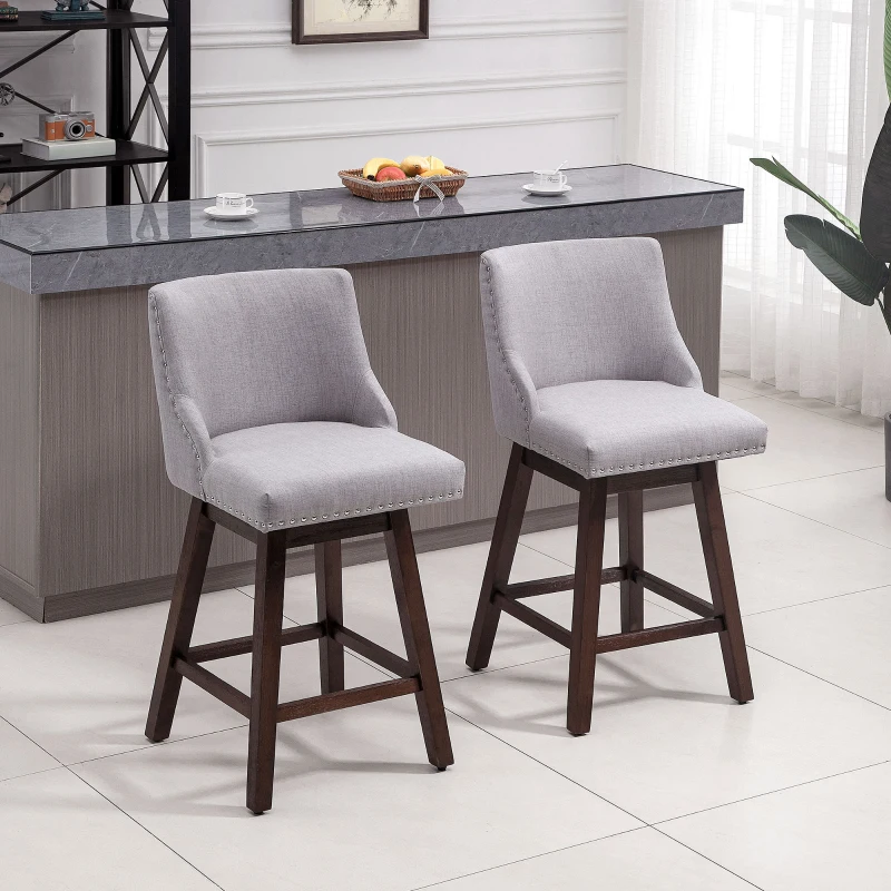 HOMCOM 28" Swivel Bar Height Bar Stools Set of 2, Armless PU Leather Upholstered Barstools Chairs with Nailhead Trim and Wood Legs, Light Grey