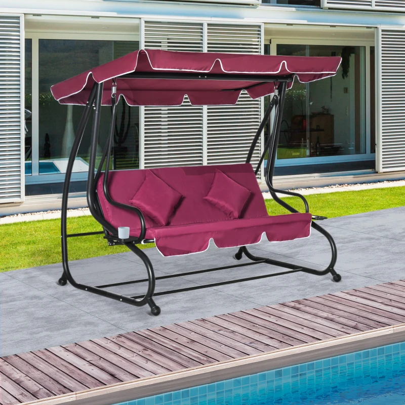 Outsunny 3-Seat Outdoor Patio Swing Chair, Converting Flatbed, Outdoor Swing Glider with Adjustable Canopy, Removable Cushion and Pillows, for Porch, Garden, Poolside, Backyard, Red