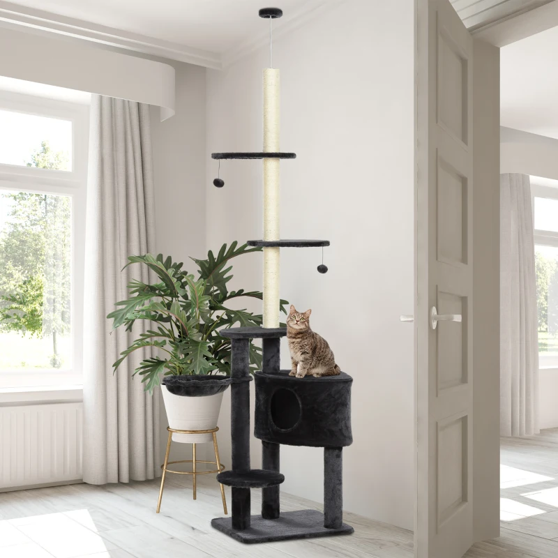 PawHut Adjustable Height Floor-To-Ceiling Vertical Cat Tree with Carpet Platforms, Condo & Rope Scratching Areas, Dark Grey