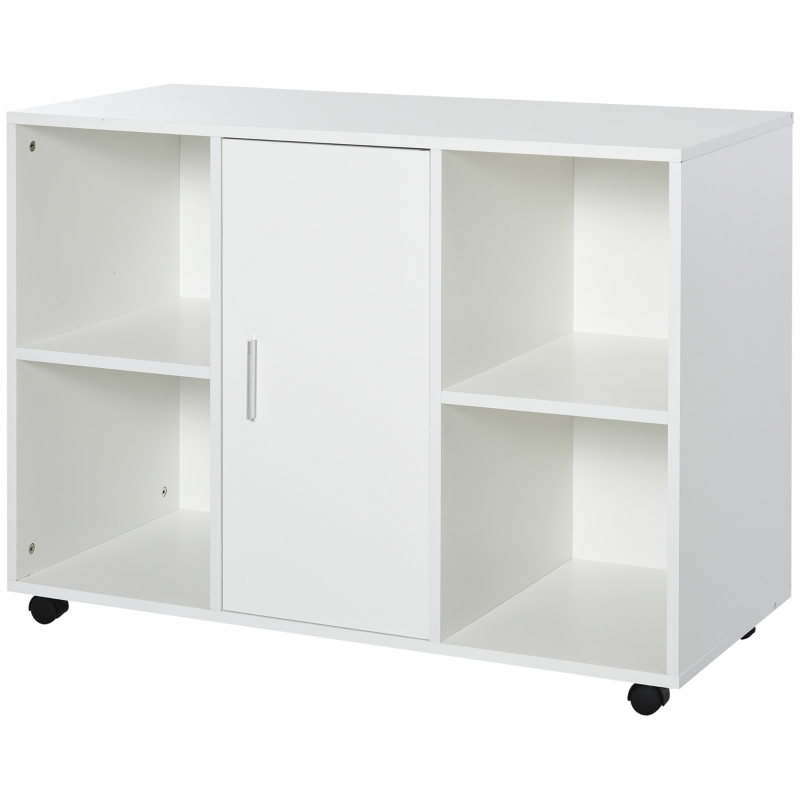 Vinsetto Mobile File Cabinet and Printer Stand for Home Office, Mobile Printer Table with 4 Open Storage Shelves, Door Cabinet, Wheels, White