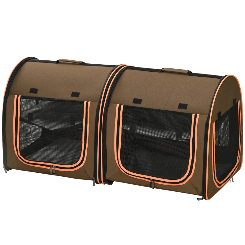 PawHut 39" Portable Soft-Sided Pet Cat Carrier With Divider, Dual Compartment, Soft Cushions, & Storage Bag - Brown