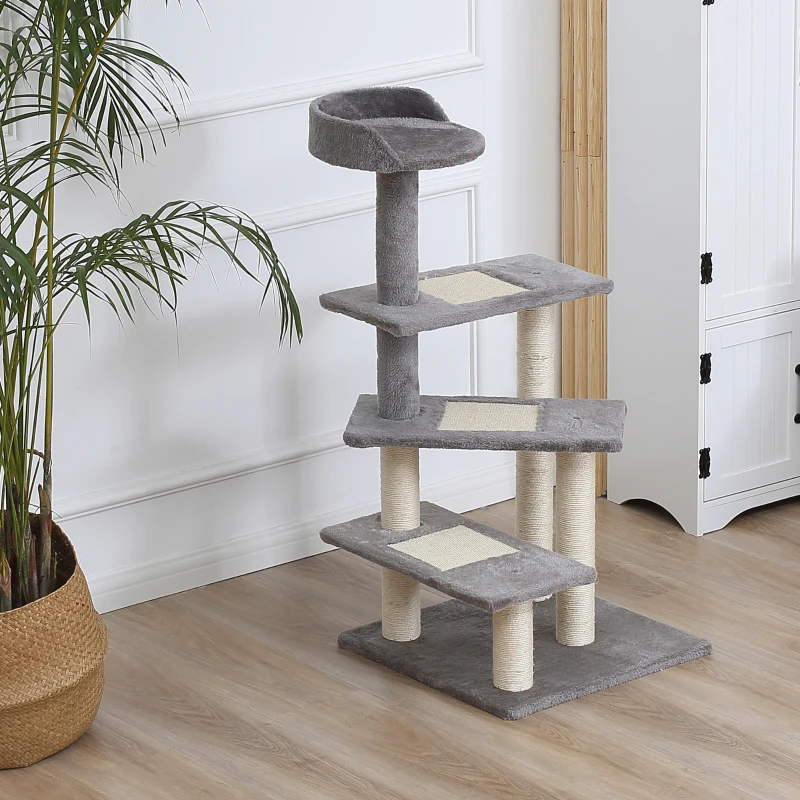 PawHut 40" 5-Level Revolving Stair Cat Tree Scratcher Climbing Activity Tower with Play Center and Resting Perch - Gray
