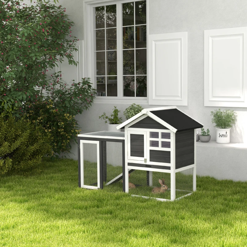 PawHut Indoor Rabbit Enclosure, 48" Weatherproof Wooden Rabbit Hutch, with Slanted Asphalt Roof & Fun Outdoor Run for Bunnies & Ferrets - Gray