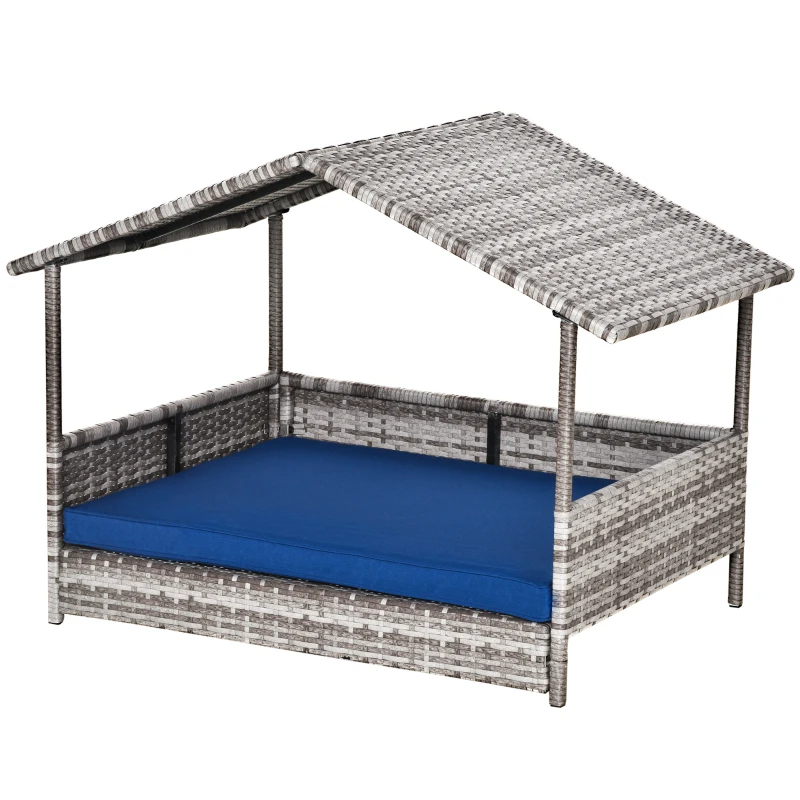 PawHut Pet House Wicker, for Indoor/Outdoor Rattan Furniture, with Water-Resistant and Removable Cushions, Elevated Bottom, Dark Blue