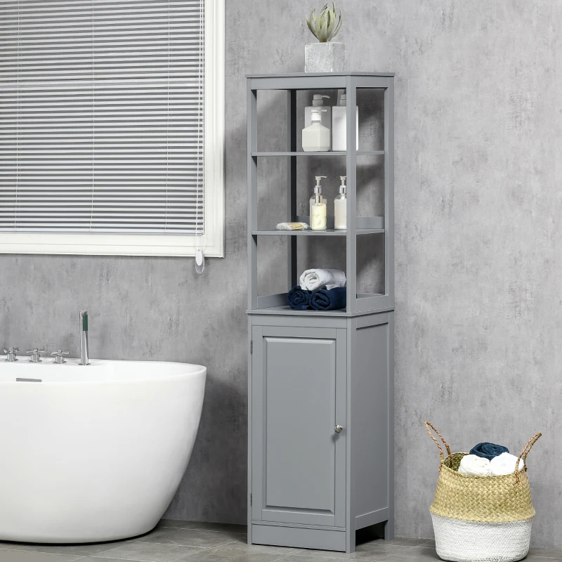 kleankin Tall Bathroom Storage Cabinet, Freestanding Linen Tower with 3-Tier Open Shelf and Door, Slim Floor Organizer, Grey