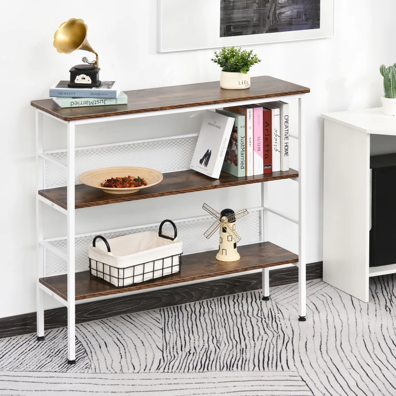 HOMCOM 3-Tier Console Table Industrial Style Storage Metal Wooden Shelf with a Robust Multi-Functional Design & Adjustable Feet, White