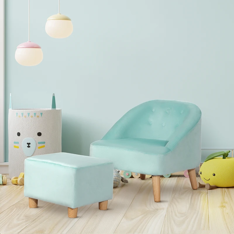 Qaba Kids Sofa Set, Toddler Chair, Sofa & Ottoman for Bedroom, Playroom, Children's Couch for 3-5 Years, Blue