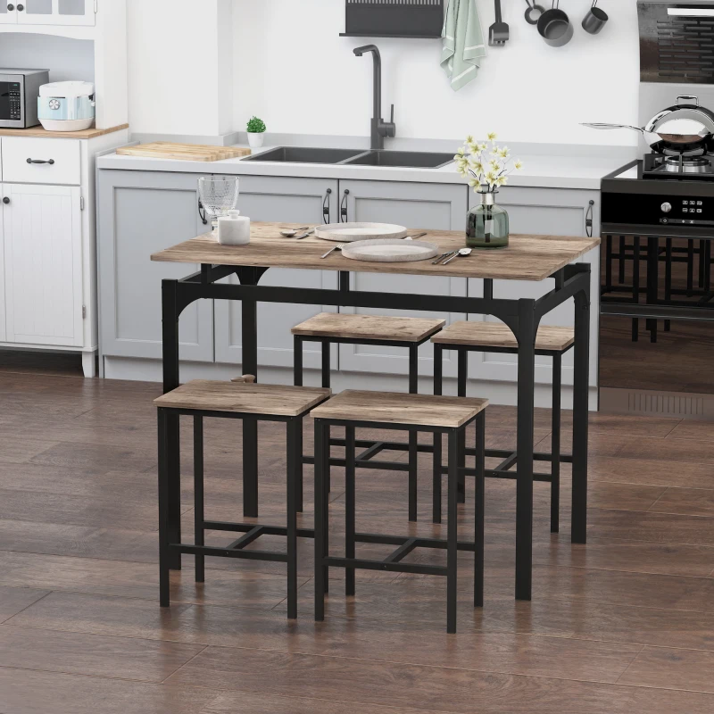 HOMCOM 5 Piece Modern Dining Table and 4 Stools Industrial Dining Set with Footrest & Metal Legs, For Kitchen, Natural