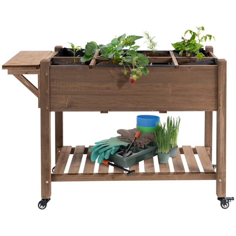 Outsunny Wooden Garden Box, 34.25H with 8 Pockets and Lockable Wheels, Foldable Side Clapboard, Elevated and Self-Draining Design, to Grow Herbs, Vegetables, and Flowers, Brown