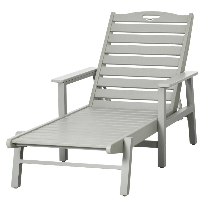 Outsunny Outdoor Chaise Lounge Chair, Heavy-Duty Plastic HDPE Pool Furniture with 5 Positions Reclining Backrest & Aluminum Frame for Beach, Tanning, Poolside, Patio, Light Gray