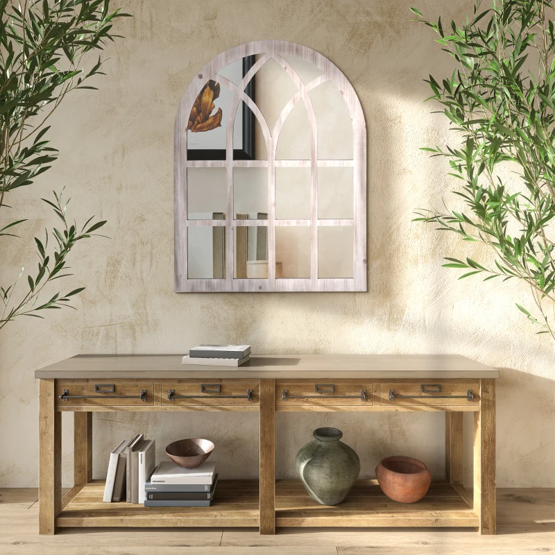 HOMCOM 41" x 31.5" Large Rustic Wall Mirror, Arch Window Mirror for Wall Decor in Living Room, Bedroom, Entryway, Natural