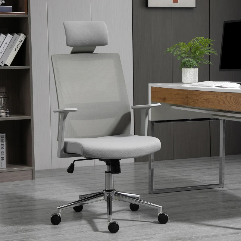 Vinsetto High Back Office Chair, Swivel Task Chair with Lumbar Back Support, Breathable Mesh, and Adjustable Height, Headrest, Grey