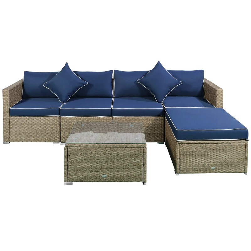 Outsunny 6 Piece Patio Furniture Set Outdoor Wicker Conversation Set All Weather PE Rattan Sectional Sofa Set with Ottoman, Cushions and Tempered Glass Table, Mixed Yellow and Navy Blue