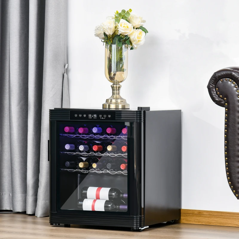 HOMCOM 18 Bottle Wine Cooler, Mini Beverage Fridge, Freestanding Wine Cellar with Digital Temperature Control, 3 Removable Shelves, Glass Door, Alarm Function and LED Lighting, Black