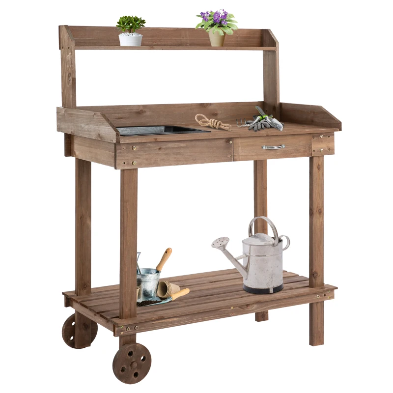 Outsunny 36" Wooden Potting Bench Work Table with 2 Removable Wheels, Garden Workstation with Removable Sink, Drawer & Large Storage Spaces, Brown