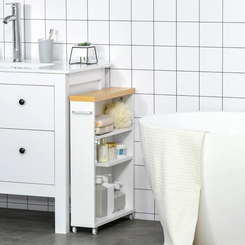 Kleankin Slim Bathroom Cabinet with Castor Wheels Storage Organizer and Wood Shelves To Fit In Small Spaces, White