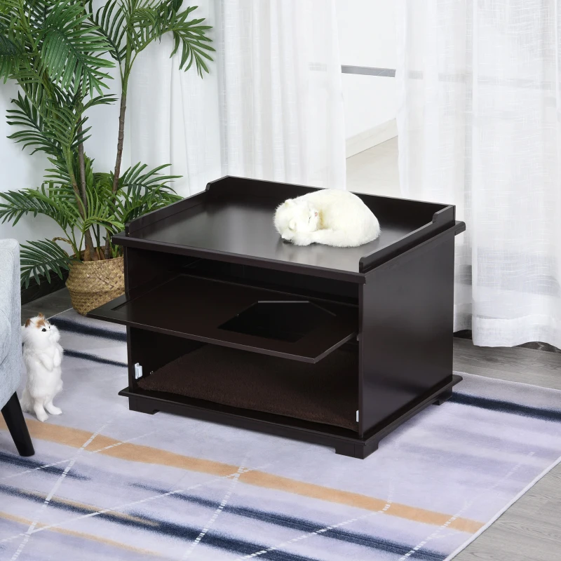 PawHut Wooden Cat Litter Box Enclosure Furniture Style Kitten Washroom with Rotated Door End Table Hideaway, Brown