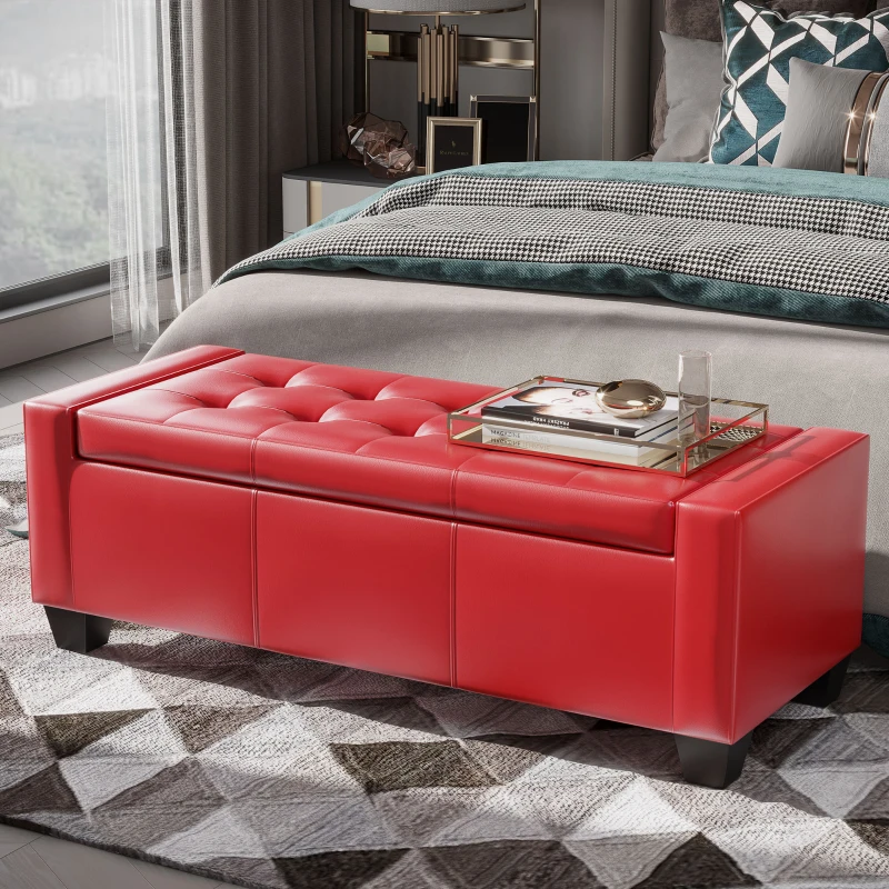 HOMCOM 50.5" Faux Leather Rectangular Tufted Storage Ottoman, Bright Red