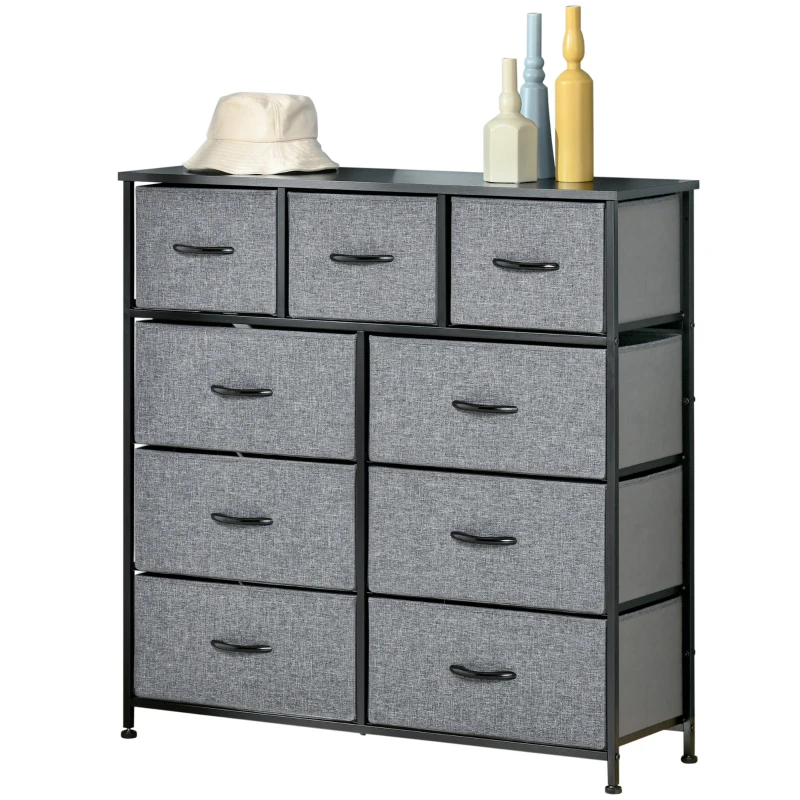 HOMCOM 9 Drawers Storage Chest Dresser Organizer Unit w/ Steel Frame, Wood Top, Easy Pull Fabric Bins, for Hallway, Closet, Entryway, Black & Gray