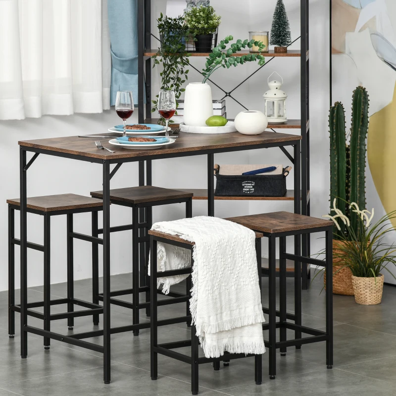HOMCOM 5-Piece Industrial Dining Table Set, Bar Table & 4 Stools Set, Space Saving for Pub & Kitchen, Rustic Brown/Black