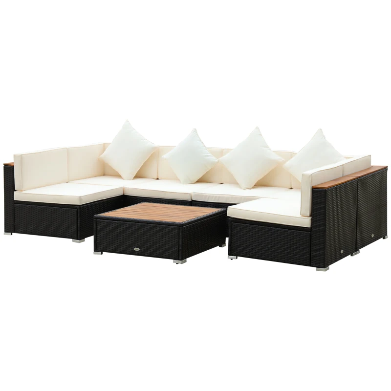 Outsunny 7-Piece Patio Furniture Sets PE Rattan Sectional Sofa Set Outdoor Conversation Set w/ Acacia Top Coffee Table & Cushion for Garden, Backyard, Beige