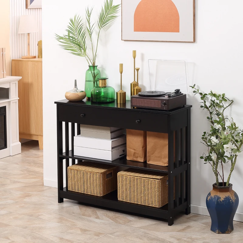 HOMCOM Console Hallway Table with Extra Wide Pull Out Drawer, 2 Open Shelves and Slatted Wood Frame Design, Black
