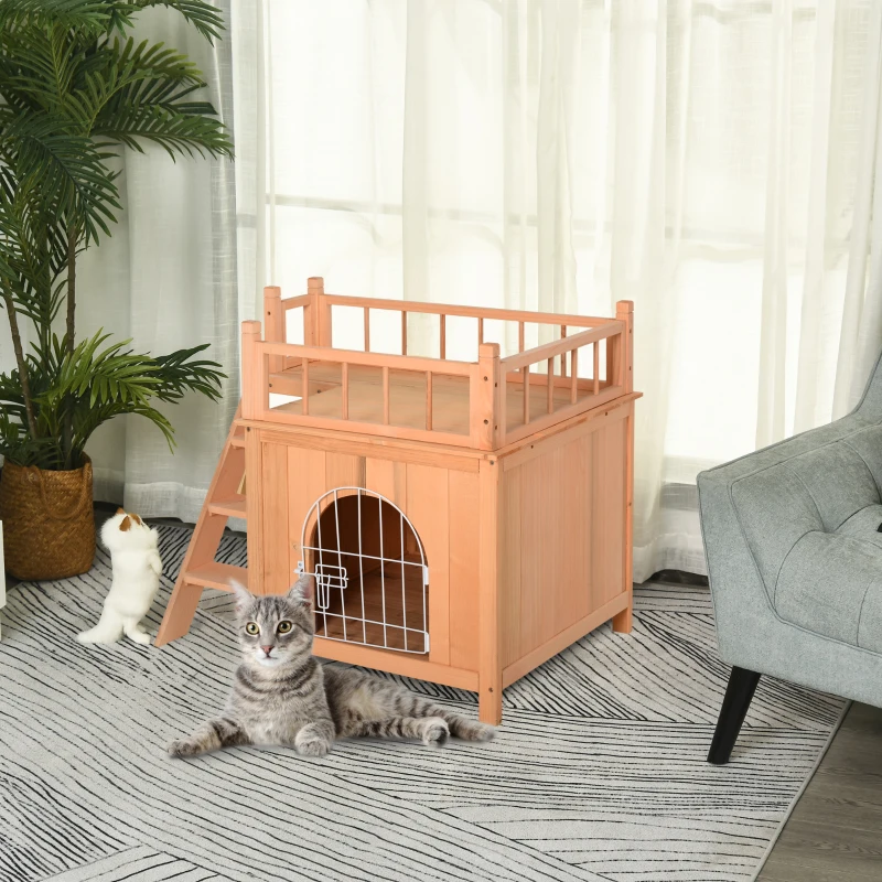 PawHut 2-Level Wooden Cat House, Outdoor Dog Shelter Cat Condo with Lockable Wire Door and Balcony, Natural Wood