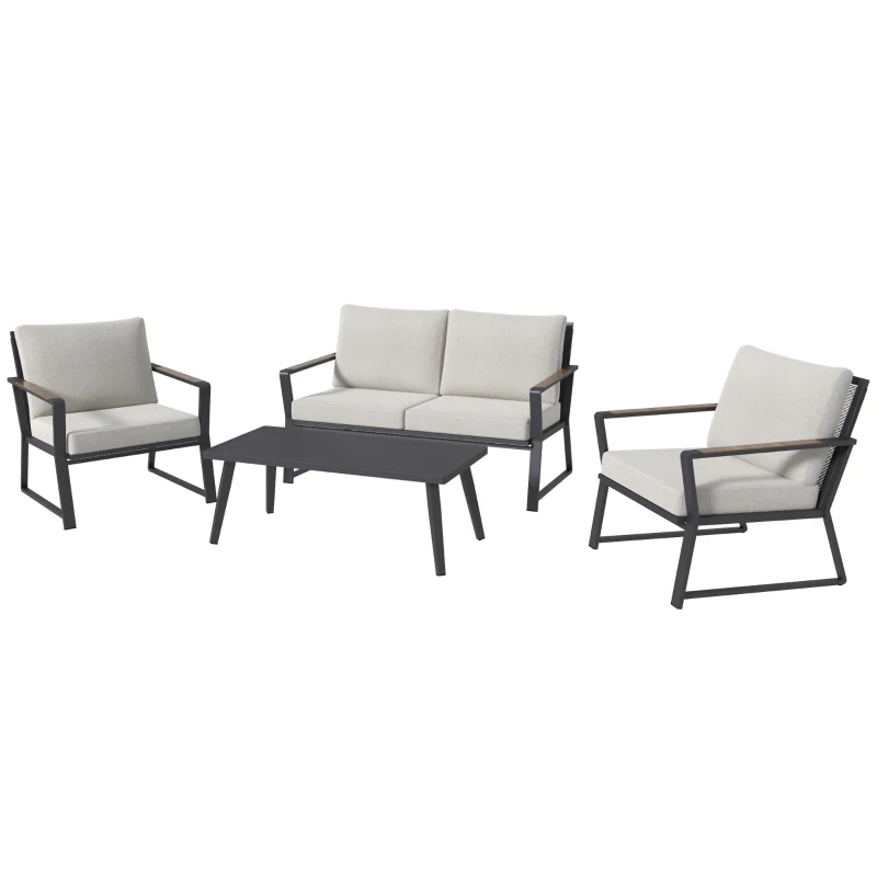 Outsunny 4 Piece Patio Furniture Set, Aluminum Conversation Set, Outdoor Garden Sofa Set with Armchairs, Loveseat, Center Coffee Table and Cushions, Cream White