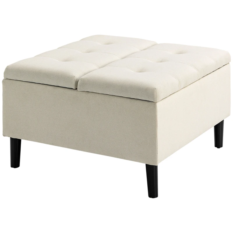 HOMCOM 30" Square Storage Ottoman, Upholstered Ottoman Coffee Table with Lift Top, Button Tufted and Wood Legs, Accent Footstool for Living Room, Cream White