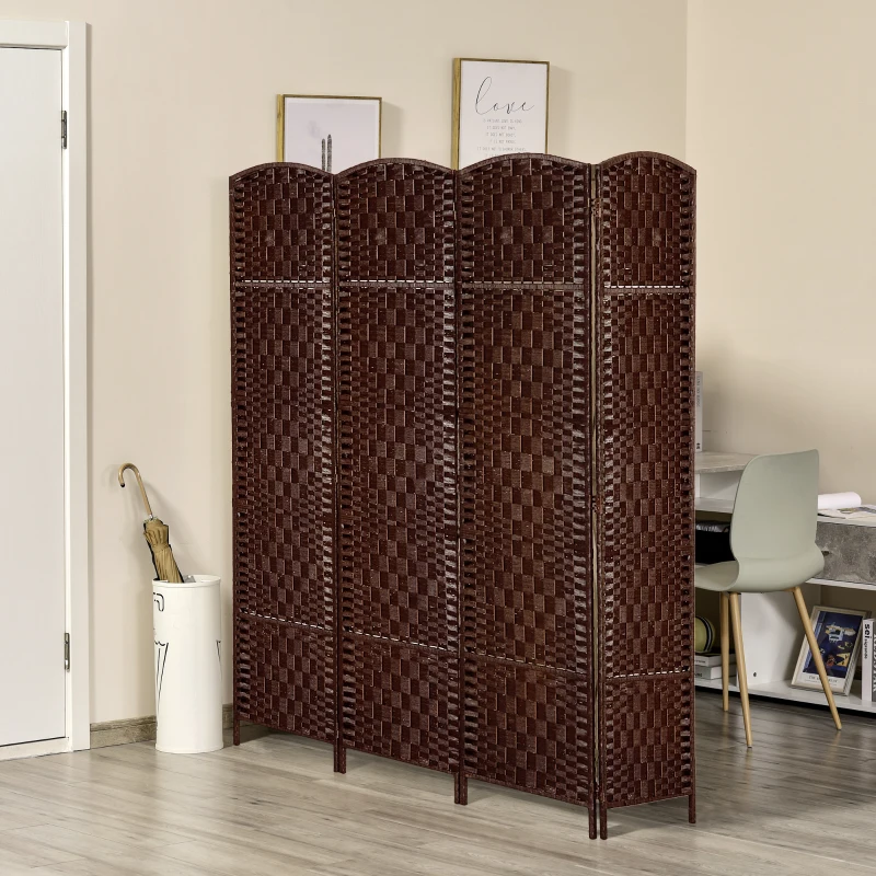 HOMCOM Room Divider, 4 Panel Folding Privacy Screen, 6FT Tall Portable Wicker Weave Partition Wall Divider for Bedroom, Home Office, Brown
