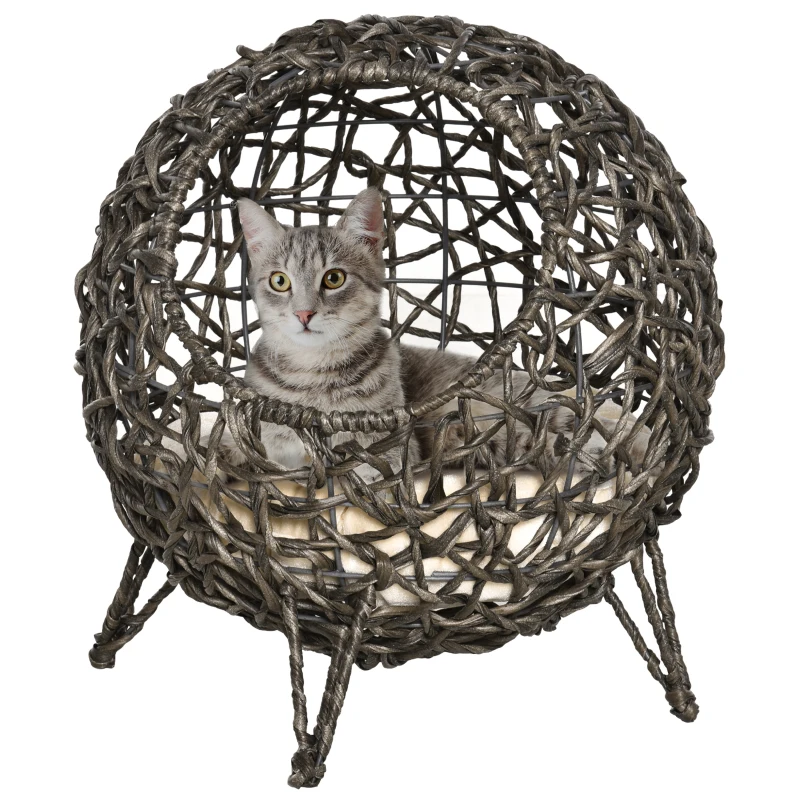 PawHut 20.5" Rattan Cat Bed, Kitten House, Elevated Round Condo for Comfort and Circulation with Cushion, Round Design