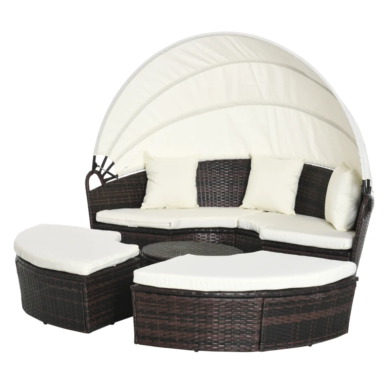 Outsunny 4pc Rattan Patio Furniture Set, Round Convertible Daybed or Sunbed, Adjustable Sun Canopy, Sectional Outdoor Sofa, 2 Chairs, Table, 3 Pillows, PE Plastic Wicker, Beige