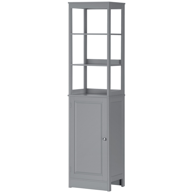 kleankin Tall Bathroom Storage Cabinet, Freestanding Linen Tower with 3-Tier Open Shelf and Door, Slim Floor Organizer, Grey