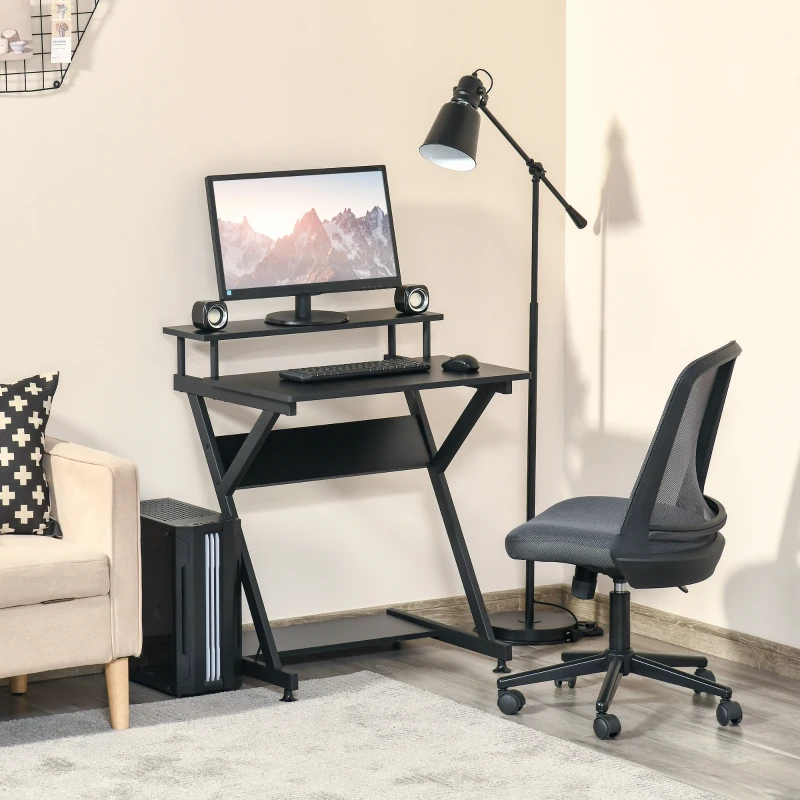 HOMCOM Industrial Computer Desk with Monitor Shelf, R Shaped Writing Table for Home Office, Black