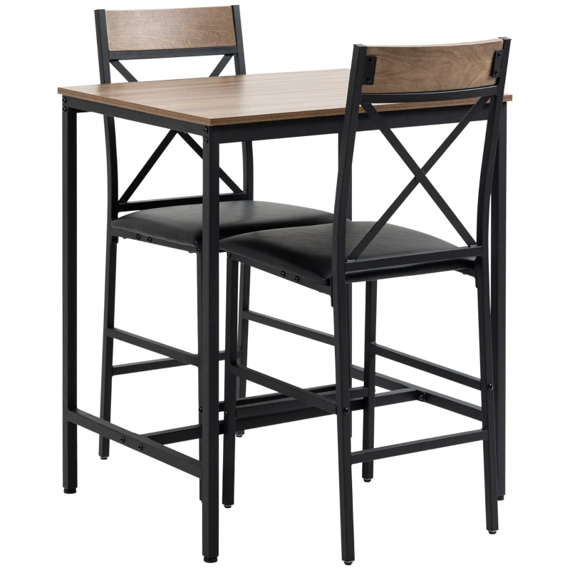 HOMCOM 3 Piece Bar Table and Chairs Set, Dining Table Set with PU Padded Stools and Steel Frame for Kitchen, Small Spaces, Brown
