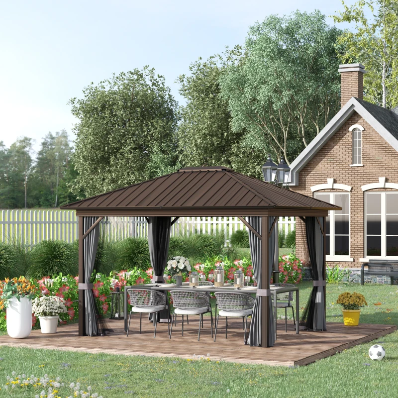 Outsunny 10' x 12' Hardtop Gazebo with Curtains and Netting, Permanent Pavilion Metal Single Roof Gazebo Canopy with Aluminum Frame and Hooks, for Garden, Patio, Backyard, Gray